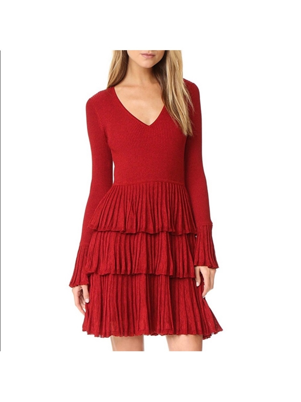 Diane Von Furstenberg Red Merino Wool Blend Tiered Mini Dress